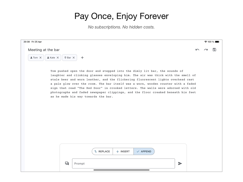 neverlabs AI Writer - Interfaz de neverlabs AI Writer en iPad mostrando un entorno de escritura sin distracciones y herramientas de indicación de IA.