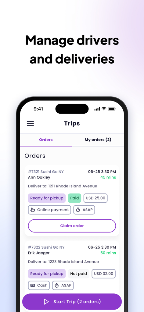 UpMenu app interface for managing restaurant delivery orders and driver trips