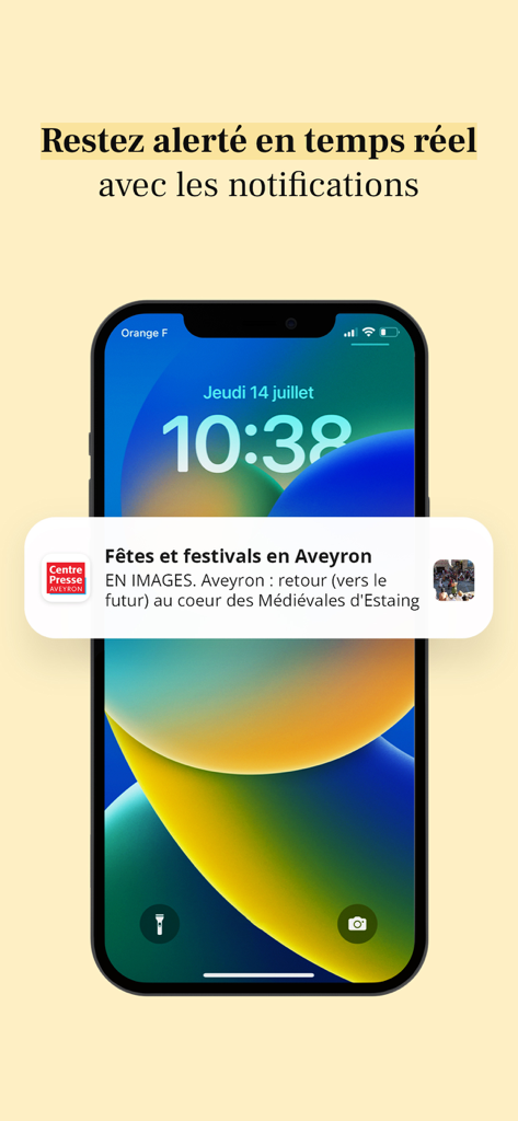 Écran de verrouillage de l'iPhone affichant une notification d'actualité en temps réel de l'application Centre Presse Aveyron.