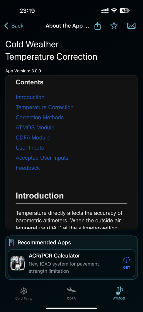 ColdTempCorr - The About section of the ColdTempCorr app showing the table of contents and introduction to temperature corrections.