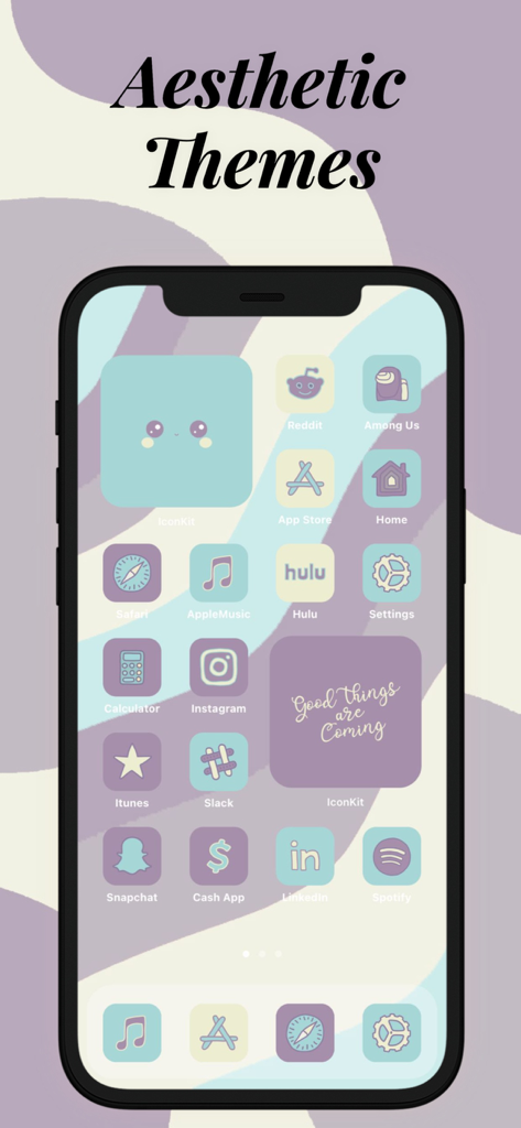 Icon Theme - Aesthetic Kit - A customized iPhone home screen with aesthetic pastel purple and teal app icons and widgets