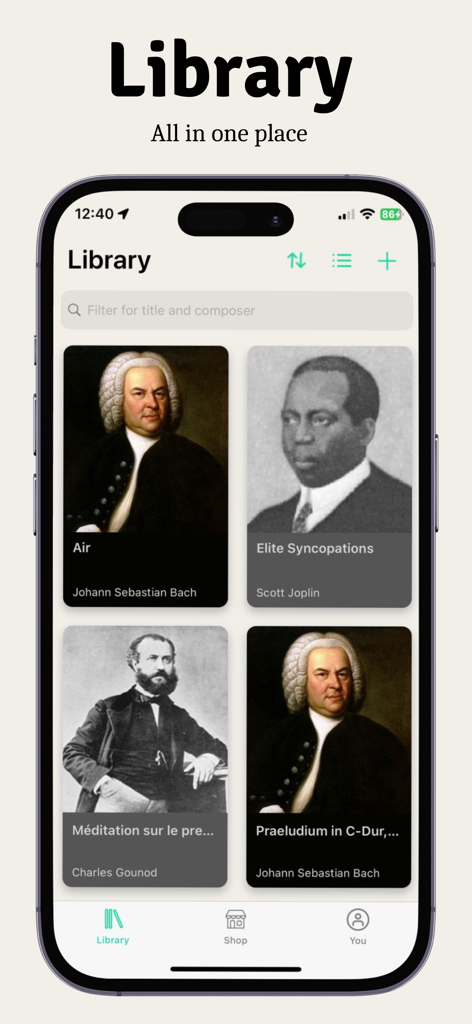 PracticeBird app sheet music library displaying classical music pieces by Bach and Scott Joplin