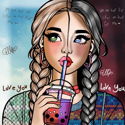 realistic girl with braided hair drinking boba