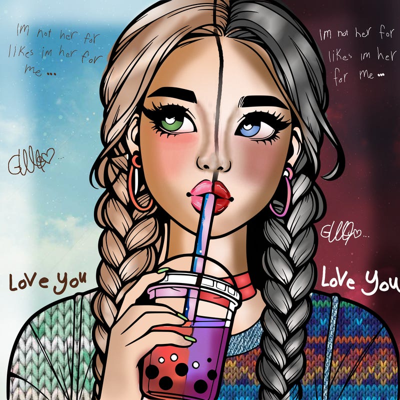 realistic girl with braided hair drinking boba