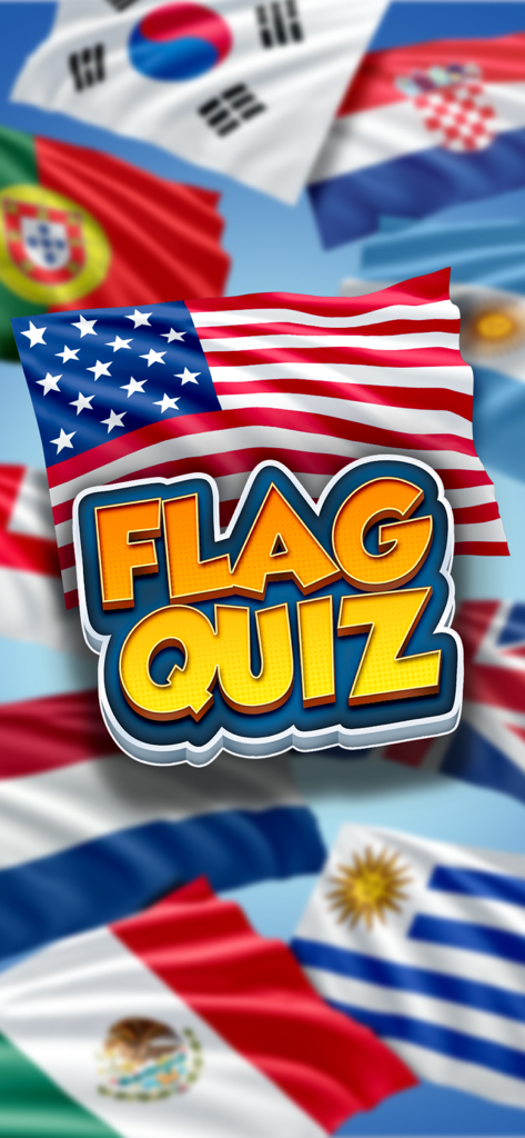 Flag Quiz - Guess All Flags - Logo du jeu Quiz des Drapeaux centré sur un fond de divers drapeaux mondiaux internationaux, y compris ceux des États-Unis et du Mexique