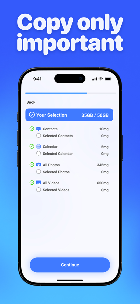 Copy My Data app interface showing options to select contacts, calendar, photos, and videos for transfer