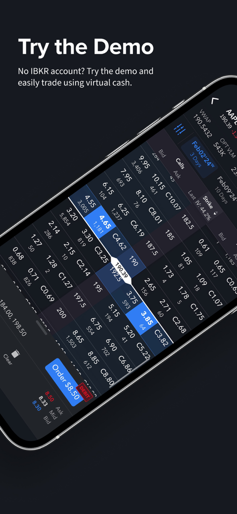 IBKR Mobile - Invest Worldwide - Pantalla de demostración de la aplicación IBKR Mobile que muestra trading de opciones y funciones de efectivo virtual