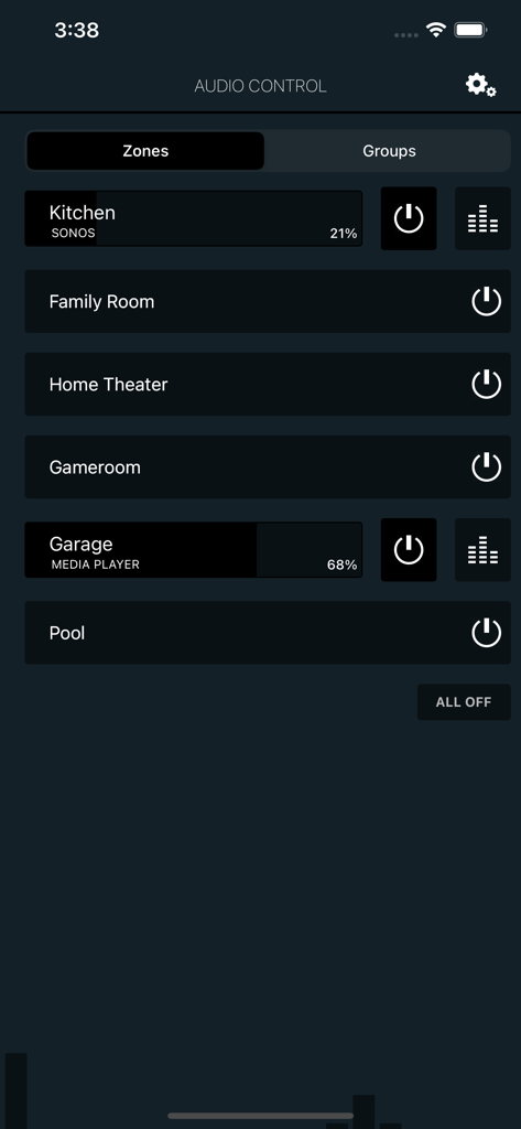 Monoprice Whole Home Audio - Dashboard of the Monoprice Whole Home Audio app displaying a list of house zones with volume and power controls