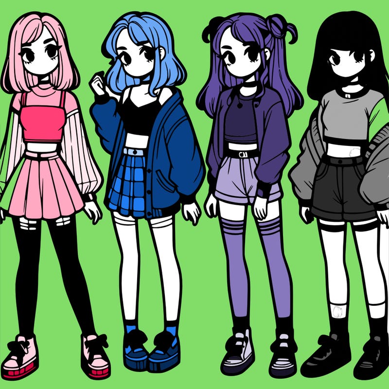 one girl with crop-top shirt and a jacket with a skirt, long socks and another girl with a shirt and pants with a jacket