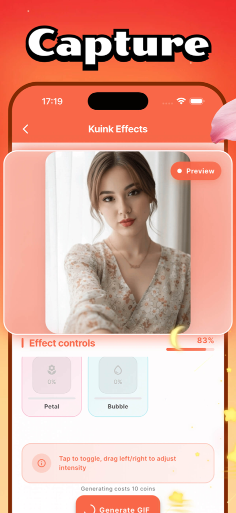 Kuink - Benutzeroberfläche der Kuink-App, die Fotobearbeitungswerkzeuge zum Hinzufügen von Partikeleffekten zur GIF-Erstellung anzeigt
