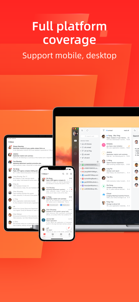 Mail Master app interface displayed on a smartphone, tablet, and laptop showcasing full platform coverage for mobile and desktop.