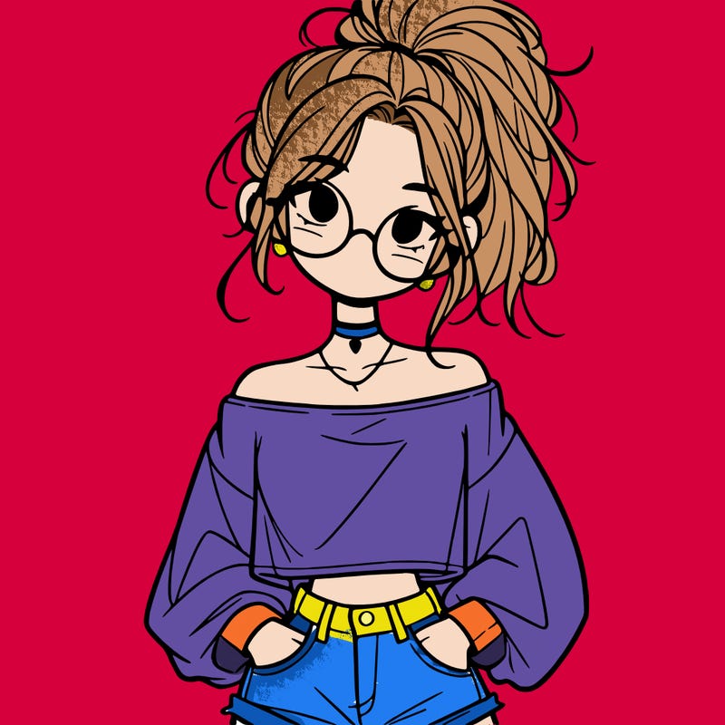 girl with a messy ponytail glasses a baggy crop top and jean shorts