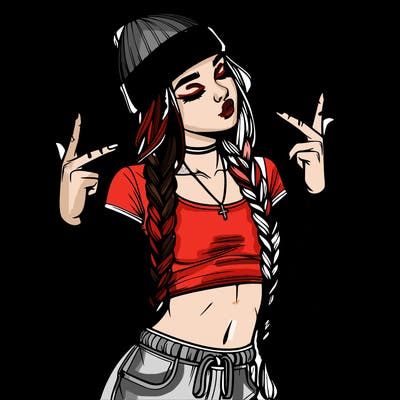 realistic teenage girl with braids and a beanie and crop top doing 🫶🏼