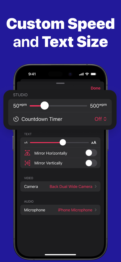 Interfaz de Teleprompter for Video Pro mostrando controles de velocidad de desplazamiento y tamaño de texto.