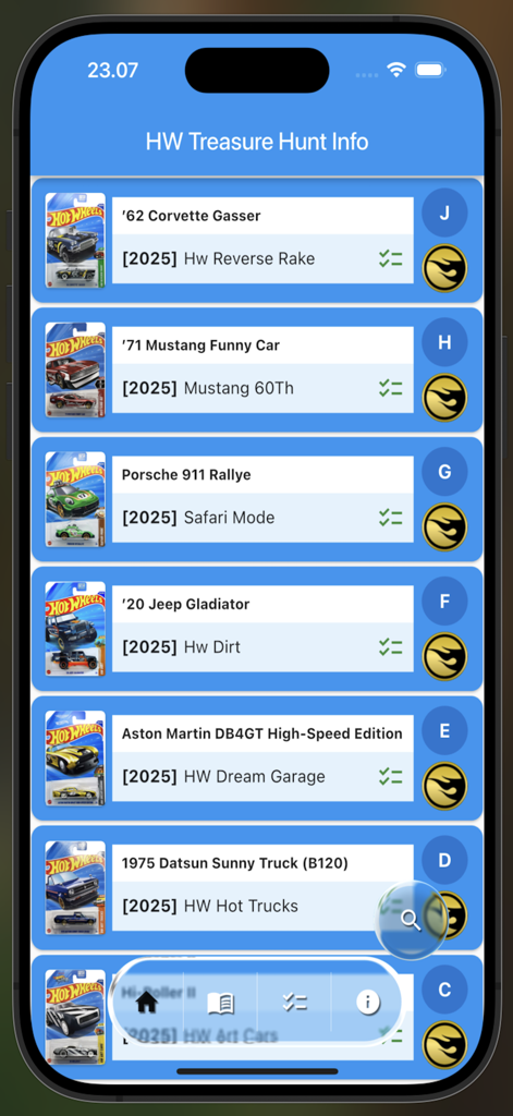 Hot Wheels Treasure Hunt Info - Tela do aplicativo móvel mostrando uma lista de carros Hot Wheels Treasure Hunt de 2025, incluindo Corvette e Mustang
