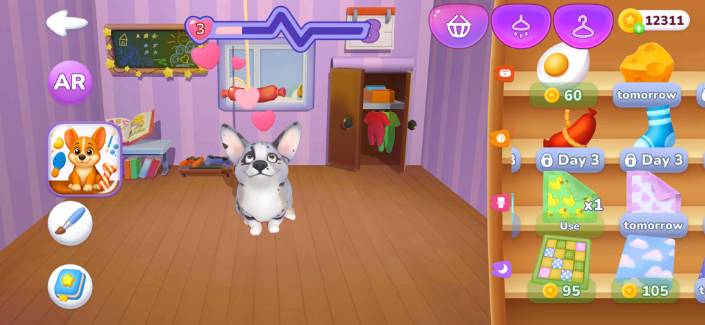 ZenCorgi: Puppy Pet Dog Games - Um filhote de corgi virtual malhado em uma sala roxa com um menu de loja aberto para comida e acessórios para animais de estimação