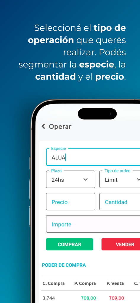 Rava Bursátil - Interface of the Rava Bursatil mobile app showing the stock trading screen with buy and sell options.