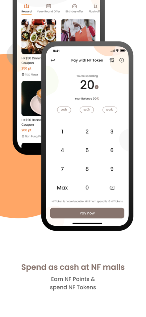 NF Touch - NF Touch app interface showing rewards coupons and the pay with NF Token screen