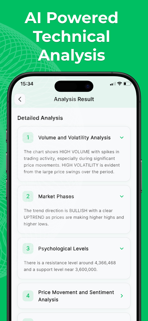 Écran de l'application Trade AI montrant un rapport d'analyse technique détaillé avec les résultats de volume et de phase de marché.