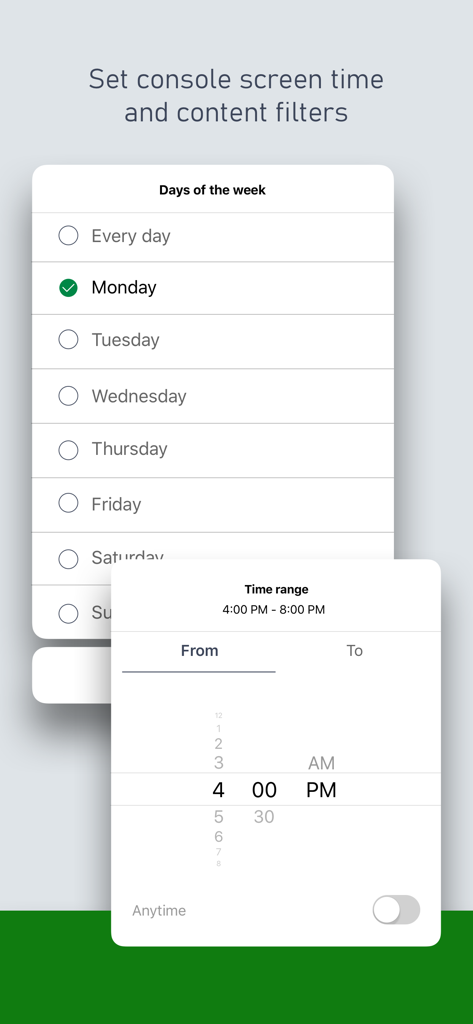 Xbox Family Settings - Interfaz para establecer límites semanales de tiempo de pantalla de consola en la aplicación Configuración Familiar de Xbox