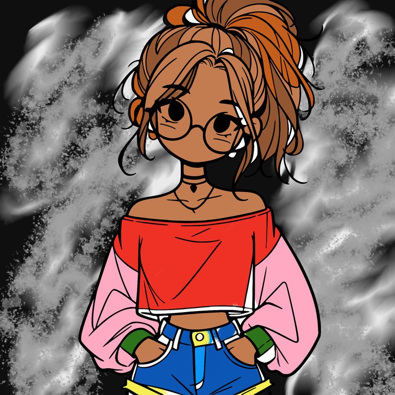 girl with a messy ponytail glasses a baggy crop top and jean shorts