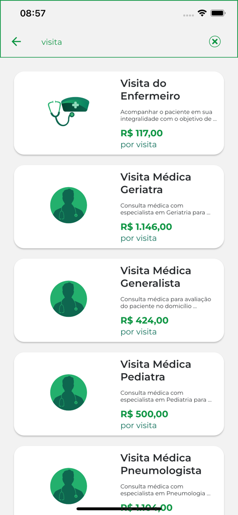 Home Doctor - A list of home medical visit services and prices in the Home Doctor app including nursing, geriatrics, and pediatrics.