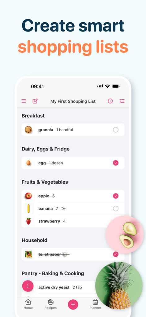 Interfaz de la aplicación CookBook que muestra una lista de la compra inteligente con comestibles organizados por categorías