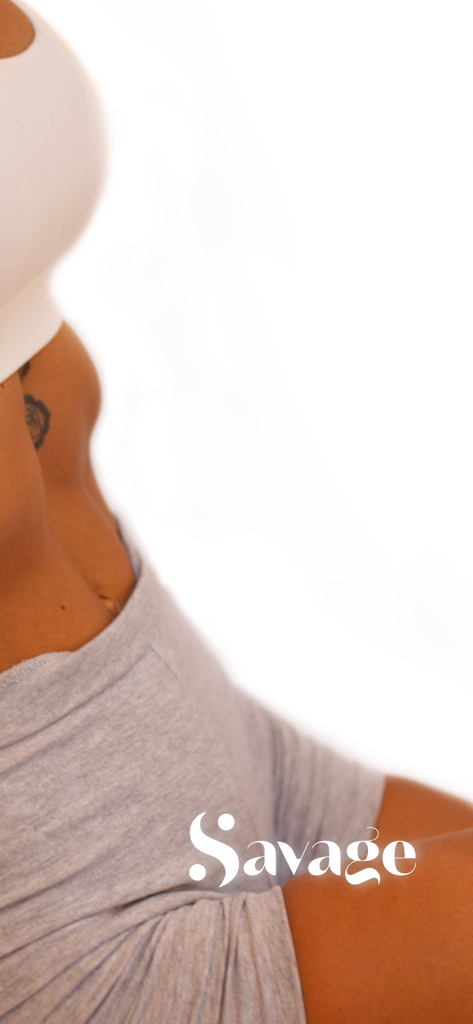 A fit woman in sports gear with the Savage app logo