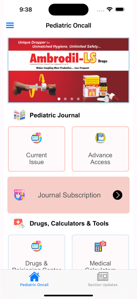 Pediatric OnCall - Interface do aplicativo Pediatric OnCall mostrando acesso ao jornal médico e calculadoras clínicas.
