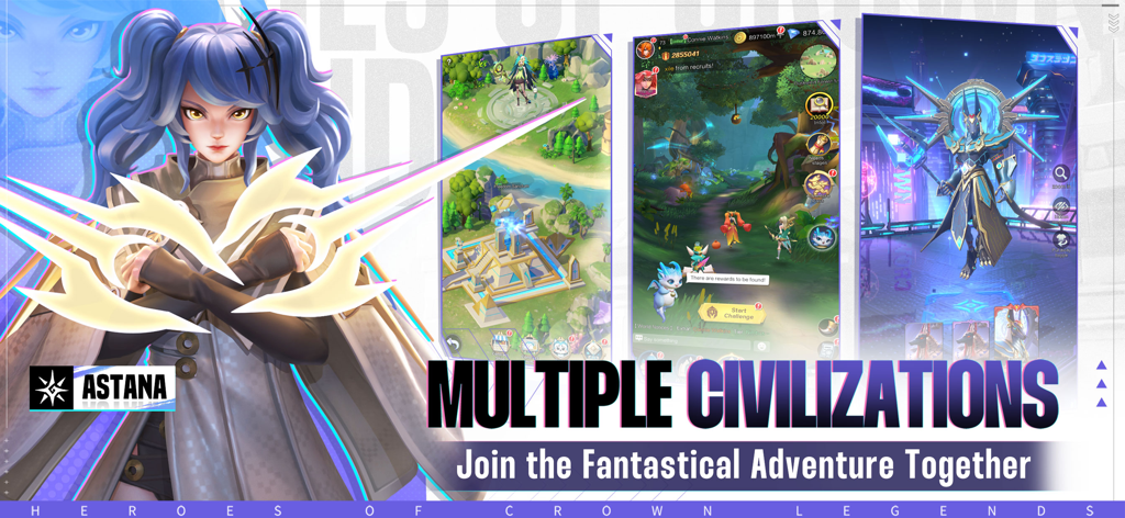 Heroes of Crown: Legends - Promotional banner for Heroes of Crown Legends featuring character Astana and various game civilization previews.