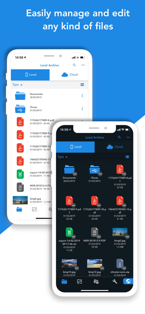 Total Files Pro app interface showing file management on iPhone in light and dark mode