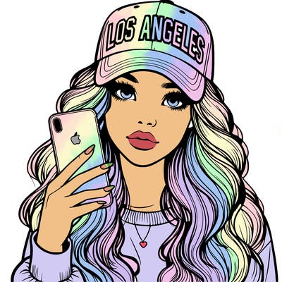 realistic beautiful girl wearing los ángeles cap holding an iphone
