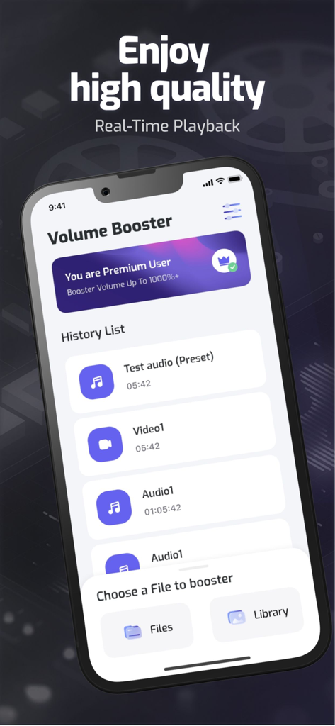 Interfaz de la aplicación Sound Booster que muestra una lista del historial de archivos de audio y funciones premium de mejora de volumen en un iPhone.