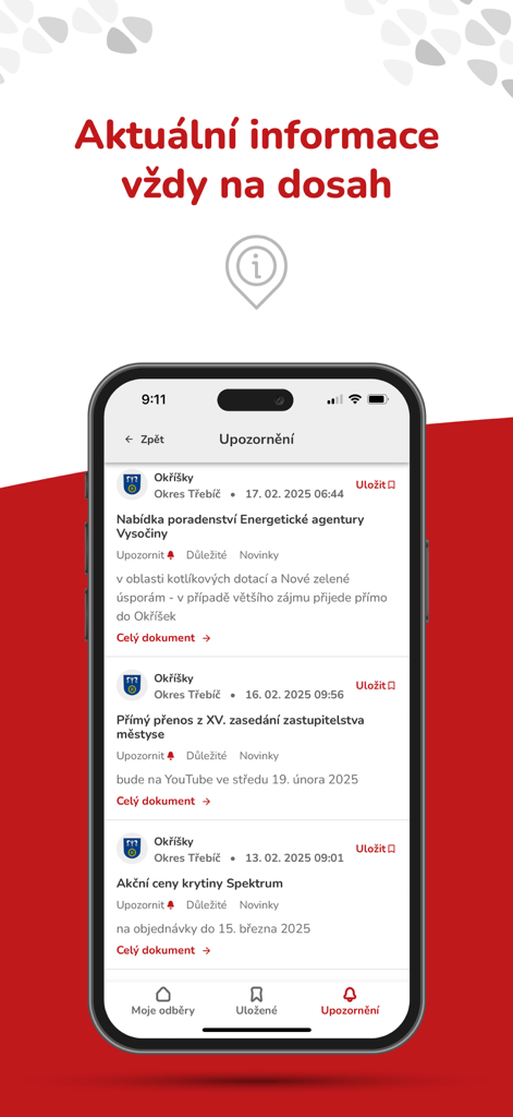 Města a obce - Mobile app interface displaying a feed of local government alerts and community news notifications