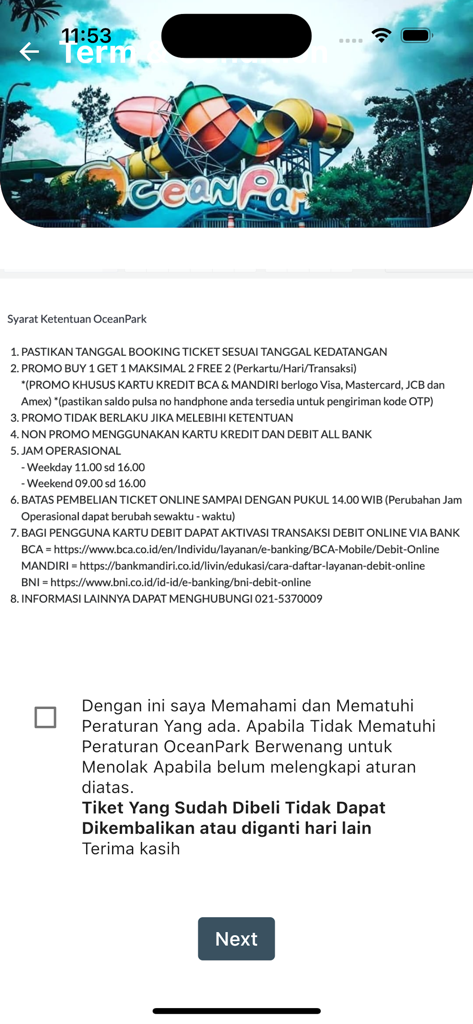 eMemberS By Sinar Mas Land - Terms and conditions screen for OceanPark water park ticketing in the eMemberS app.
