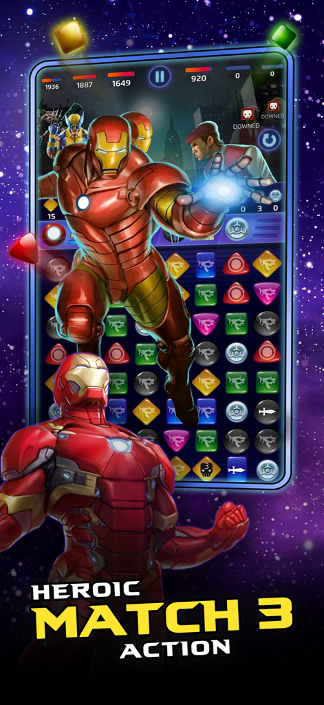 MARVEL Puzzle Quest: Hero RPG - Personagem Homem de Ferro na jogabilidade do RPG match 3 Marvel Puzzle Quest