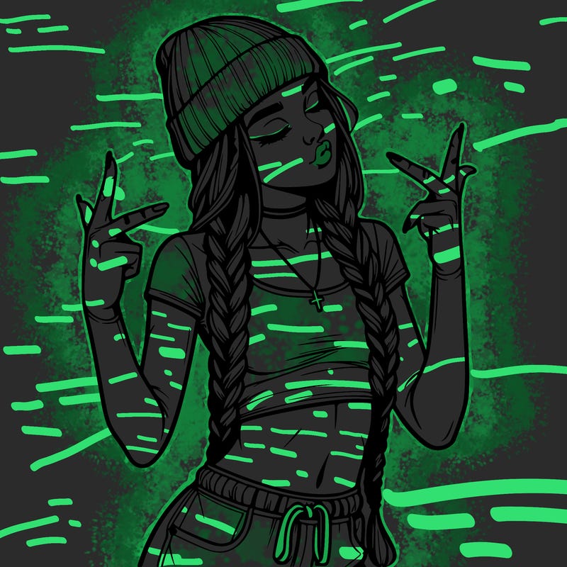 realistic teenage girl with braids and a beanie and crop top doing 🫶🏼