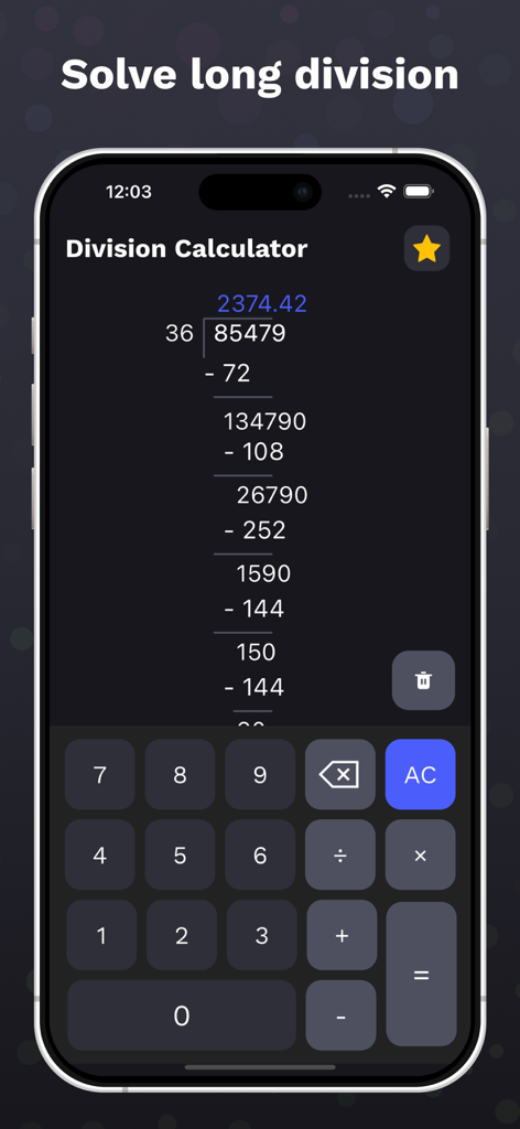 Interfaz de smartphone mostrando un cálculo detallado de división larga con resultados paso a paso