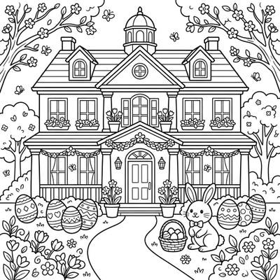 Step into a whimsical Easter scene with this charming coloring page featuring a grand colonial mansion. Adorned with delightful spring decorations, a playful bunny, and festive Easter eggs, it's perfect for celebrating the season.