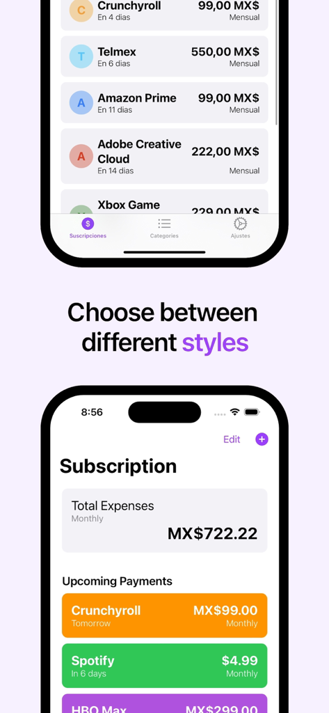Payments Manager: Subscrible - A comparison of different UI themes and styles for tracking subscriptions in the Subscrible app