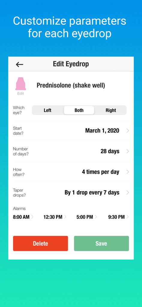 Interface to customize eyedrop schedule and alarm parameters