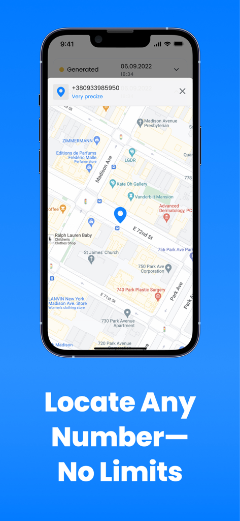 Geofinder-App-Oberfläche zeigt einen präzisen Standort-Pin auf einer Stadtkarte basierend auf einer Telefonnummer.