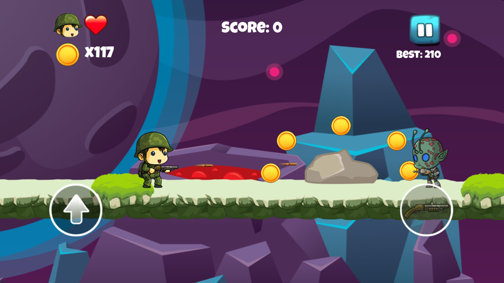 Tiny Soldier vs Aliens - Adventure Games for Kids - Un soldado de dibujos animados disparando a un enemigo alienígena en un juego de plataformas con temática espacial