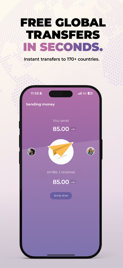 Beans App - A smartphone screen showing a free instant global money transfer in USD using the Beans app