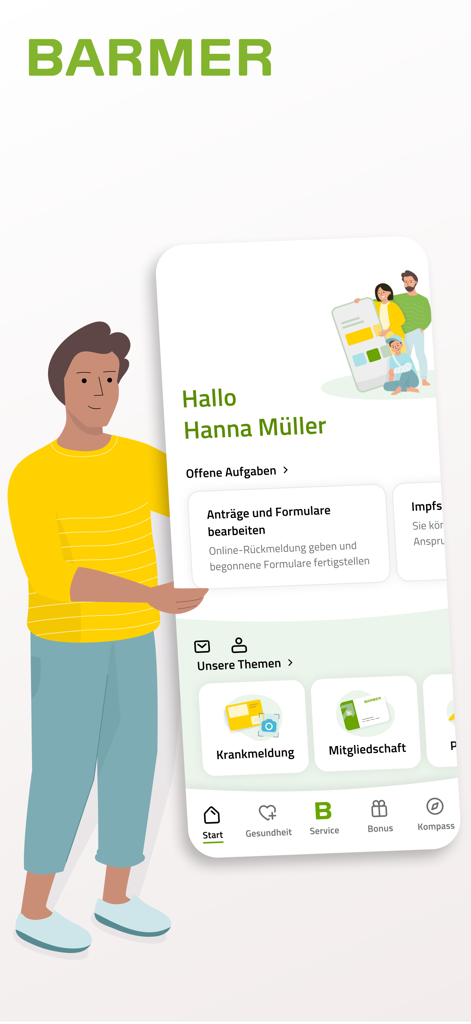 BARMER App Startbildschirm mit einem personalisierten Krankenversicherungs-Dashboard mit administrativen Werkzeugen