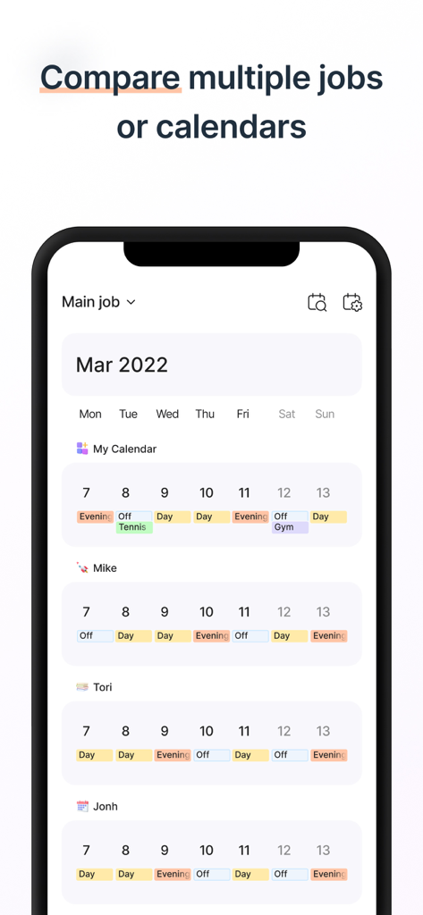 Shift Work Calendar & Schedule - Comparing multiple work schedules and personal calendars side by side in the app