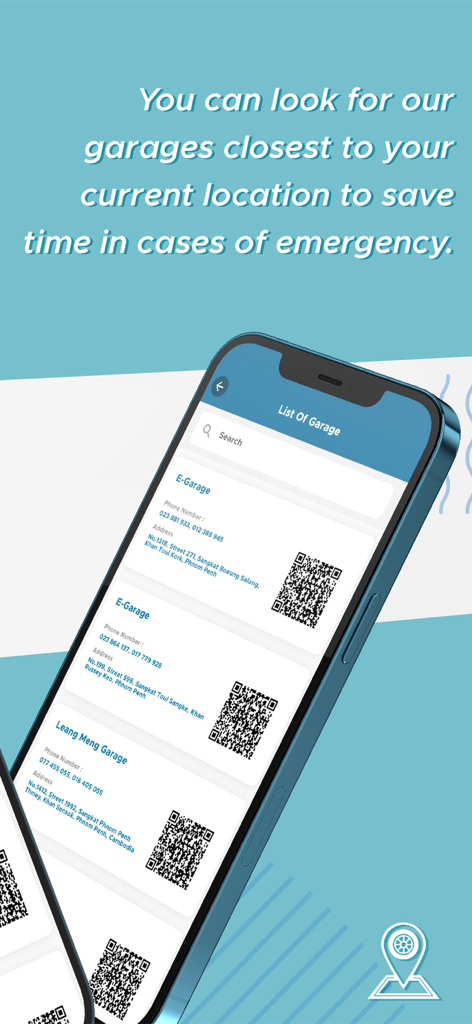 CB Mobile - Pantalla del smartphone de la aplicación CB Mobile mostrando una lista de talleres concertados cercanos con direcciones y códigos QR para servicio de emergencia de vehículos.