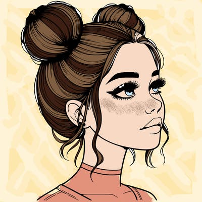 realistic girl with buns on the top of her head