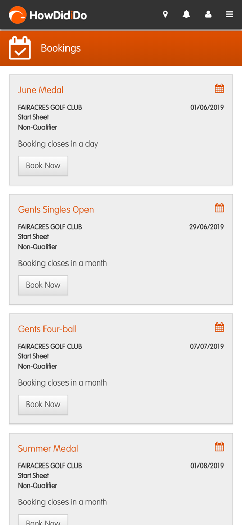 HowDidiDo App - HowDidiDo mobile app interface displaying upcoming golf club competition bookings