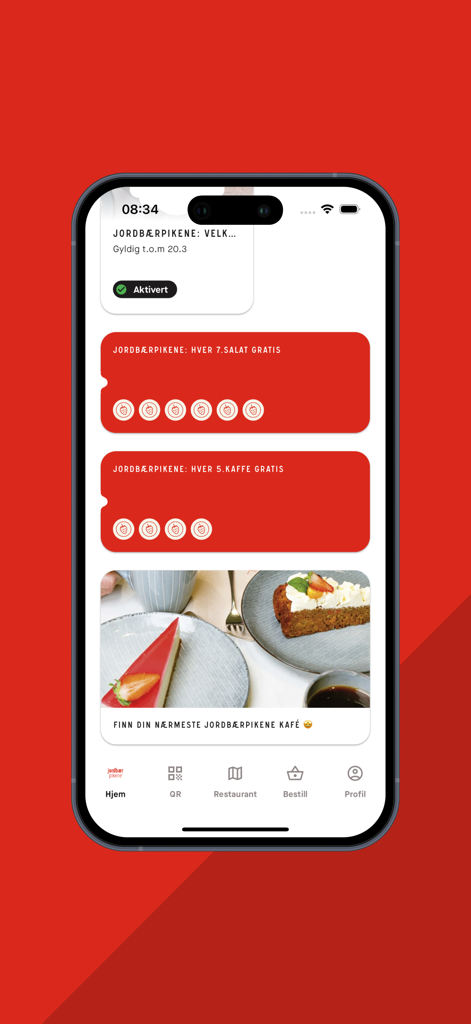 Jordbærpikene - Jordbaerpikene mobile App-Treuebildschirm mit Kaffee- und Salat-Prämienkarten